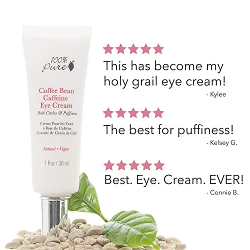 100% Pure Coffee Bean Caffeine Eye Cream Refresh & Hydrate Under Eye Treatment Reduce Puffiness, Dark Circles, Wrinkles with Green Tea, Rose Hip, Vitamin E - Youthful Vibrant Eyes - Vegan - 1 oz