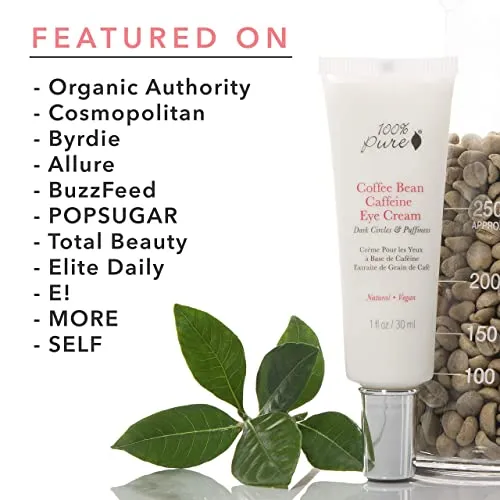 100% Pure Coffee Bean Caffeine Eye Cream Refresh & Hydrate Under Eye Treatment Reduce Puffiness, Dark Circles, Wrinkles with Green Tea, Rose Hip, Vitamin E - Youthful Vibrant Eyes - Vegan - 1 oz