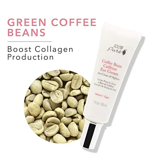 100% Pure Coffee Bean Caffeine Eye Cream Refresh & Hydrate Under Eye Treatment Reduce Puffiness, Dark Circles, Wrinkles with Green Tea, Rose Hip, Vitamin E - Youthful Vibrant Eyes - Vegan - 1 oz