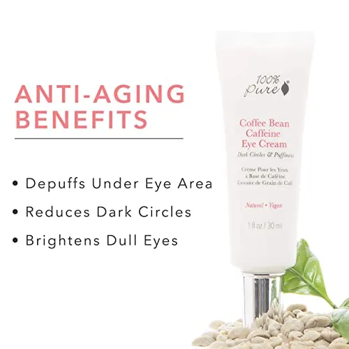 100% Pure Coffee Bean Caffeine Eye Cream Refresh & Hydrate Under Eye Treatment Reduce Puffiness, Dark Circles, Wrinkles with Green Tea, Rose Hip, Vitamin E - Youthful Vibrant Eyes - Vegan - 1 oz