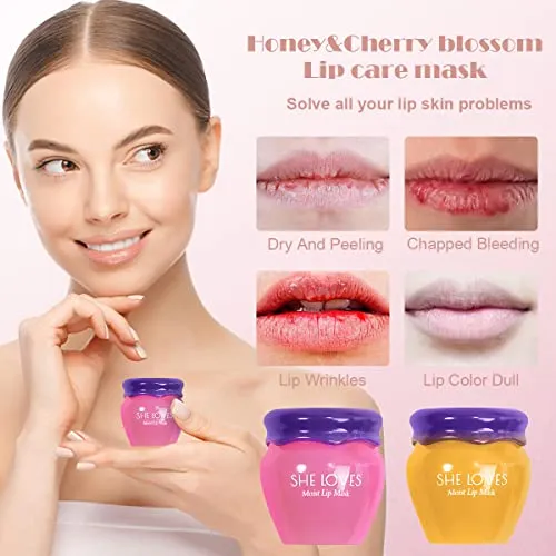 2PCS Lip Mask Overnight, Honey&Sakura Day and Night Repair Lip Sleeping Masks Honey Lip Balm, Fade Lip Lines Bee Balm Lip Balm, Hydrating &Prevention Dry and Crack Lip Scrubs Exfoliator