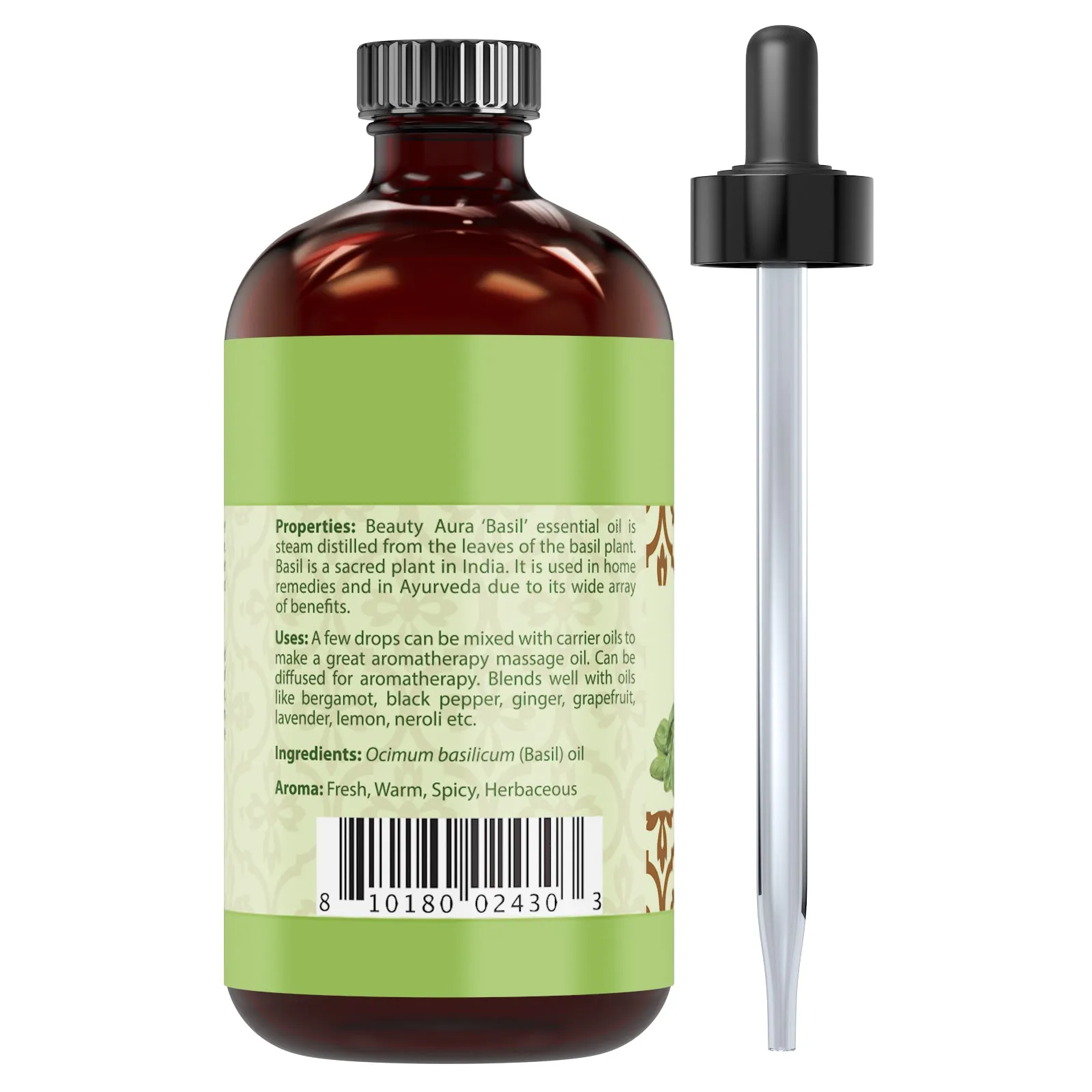 Beauty Aura Basil Oil | Therapeutic Grade Essential Oil | 4 Fl. Oz (118 ml)