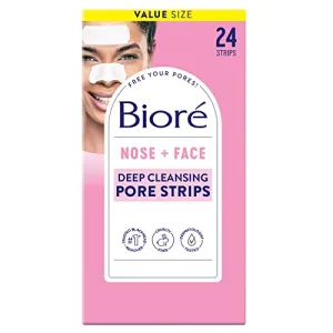 Biore Nose Face Blackhead Remover Pore Strips, 12 Nose   12 Face Strips for Chin or Forehead, Deep Cleansing with Instant Blackhead Removal and Pore Unclogging, Non-Comedogenic Use, 24 Ct Value Size