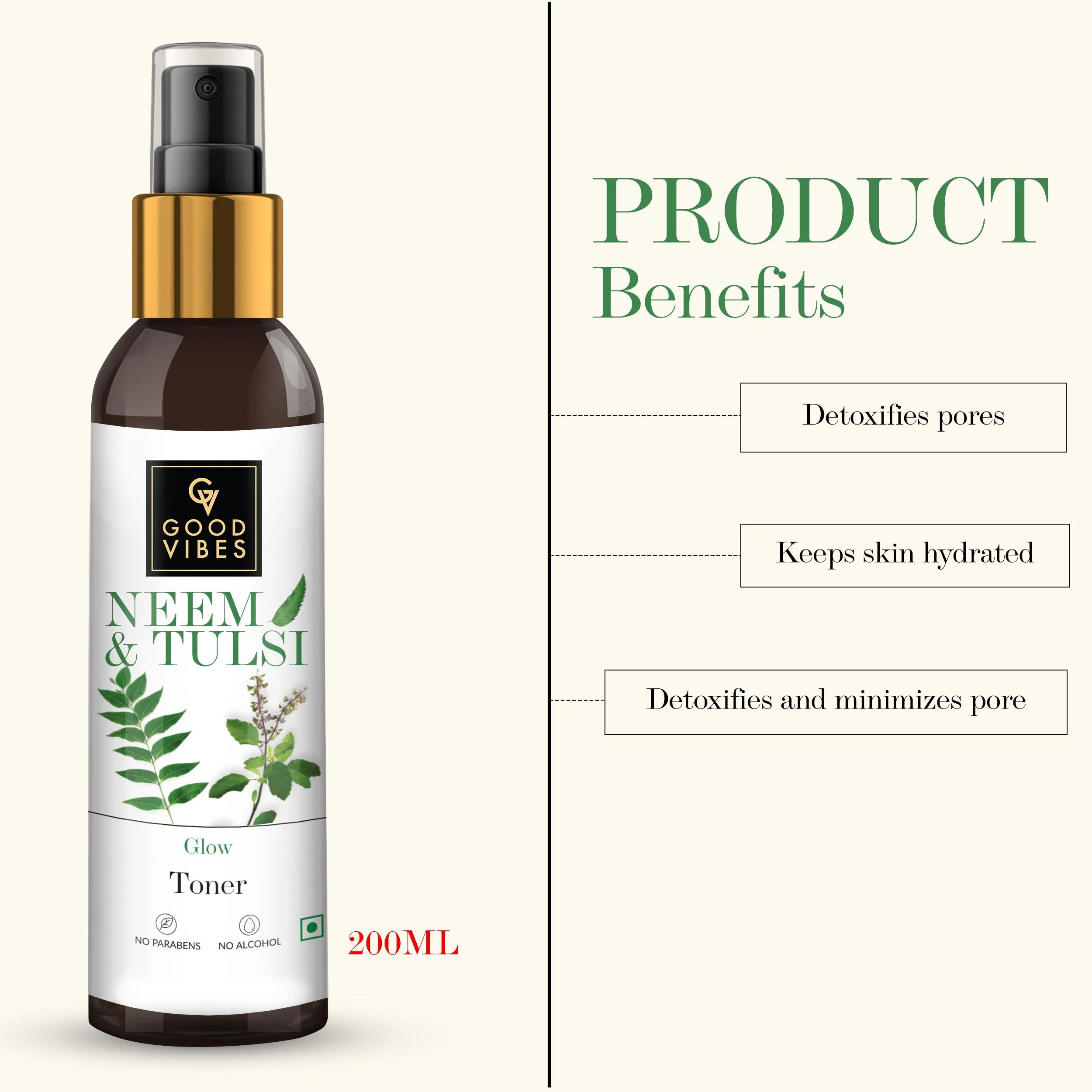 Good Vibes Neem & Tulsi Glow Toner | Cleansing, Hydrating, Calming | No Parabens, No Alcohol, No Sulphates, No Mineral Oil, No Animal Testing (200 ml)